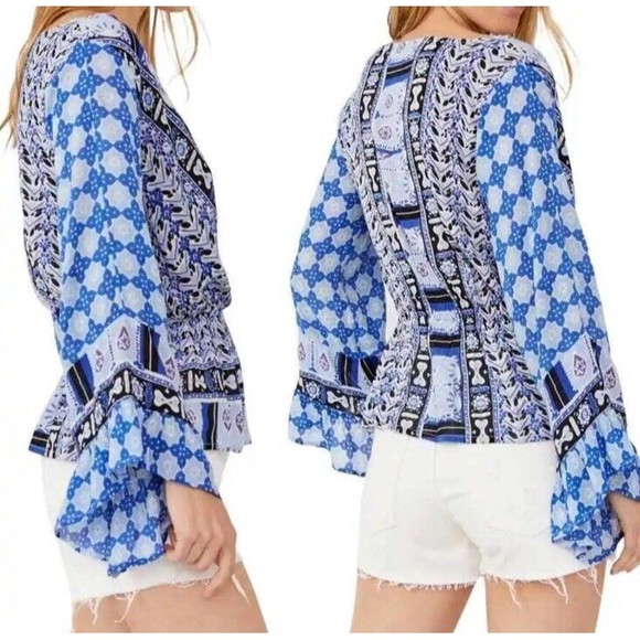 Free People Indigo Rosalie Wrap Top Blue Deep V Boho Ruffle Sleeve Size small - Picture 4 of 12